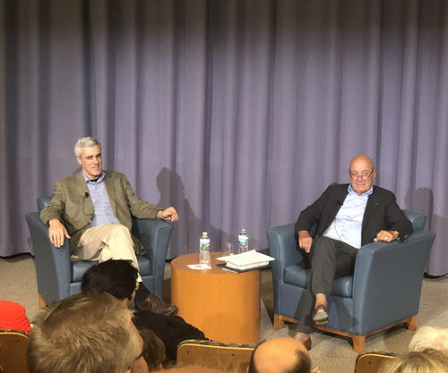 Professor Doug Rogers (left) and Vladimir Pozner (right) in conversation following his Poynter Lecture