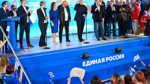 United Russia party leaders celebrating Sunday evening after the Duma election. United Russia party leaders celebrating Sunday evening after the Duma election.